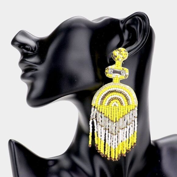 Boho Yellow Seed Beaded Fringe Earrings - Picture 3 of 5